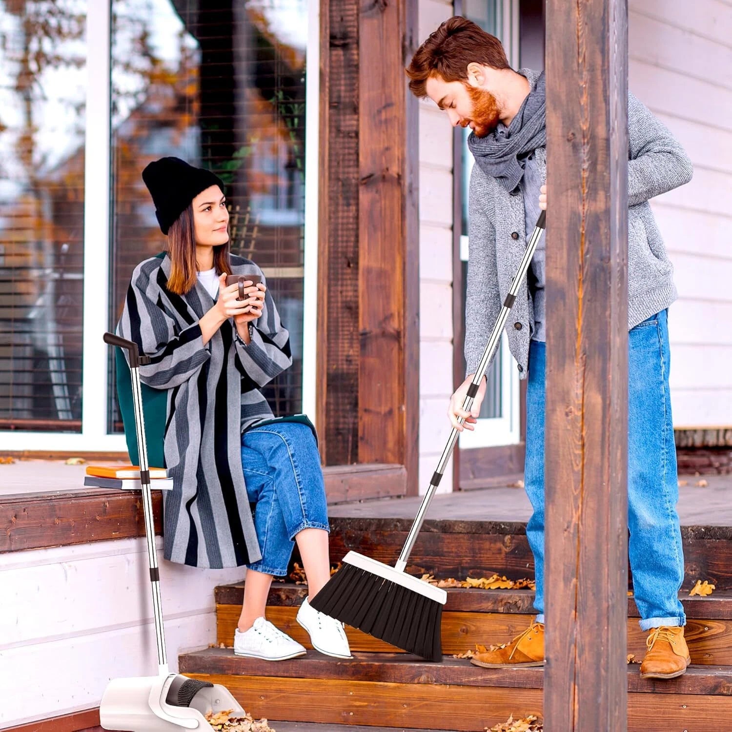 Broom and Dustpan Set - Adjustable Handle Upright Standing Lightweight