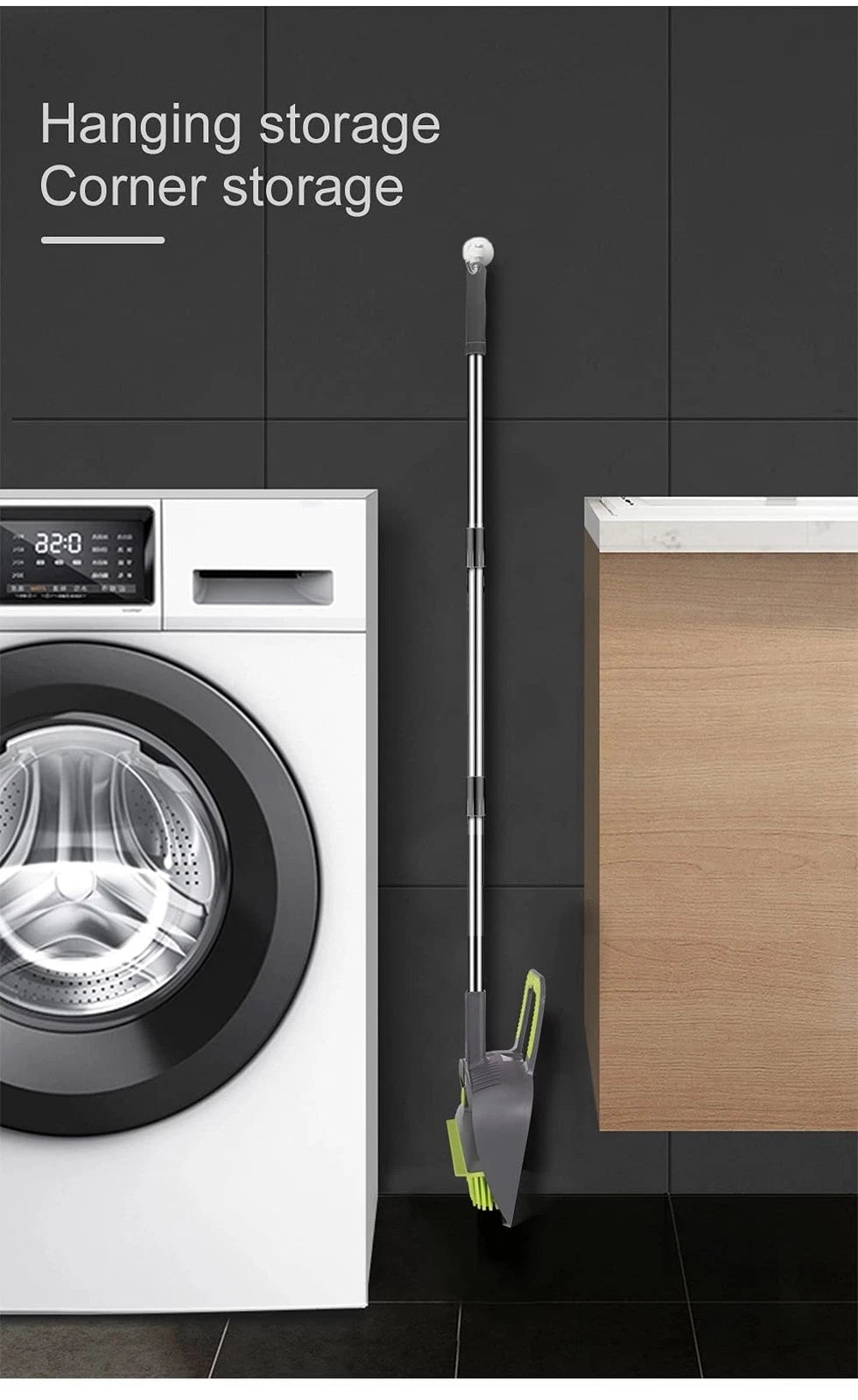 Adjustable Rubber Push Broom and Dustpan Set,Self Cleaning Indoor Outdoor Ang...