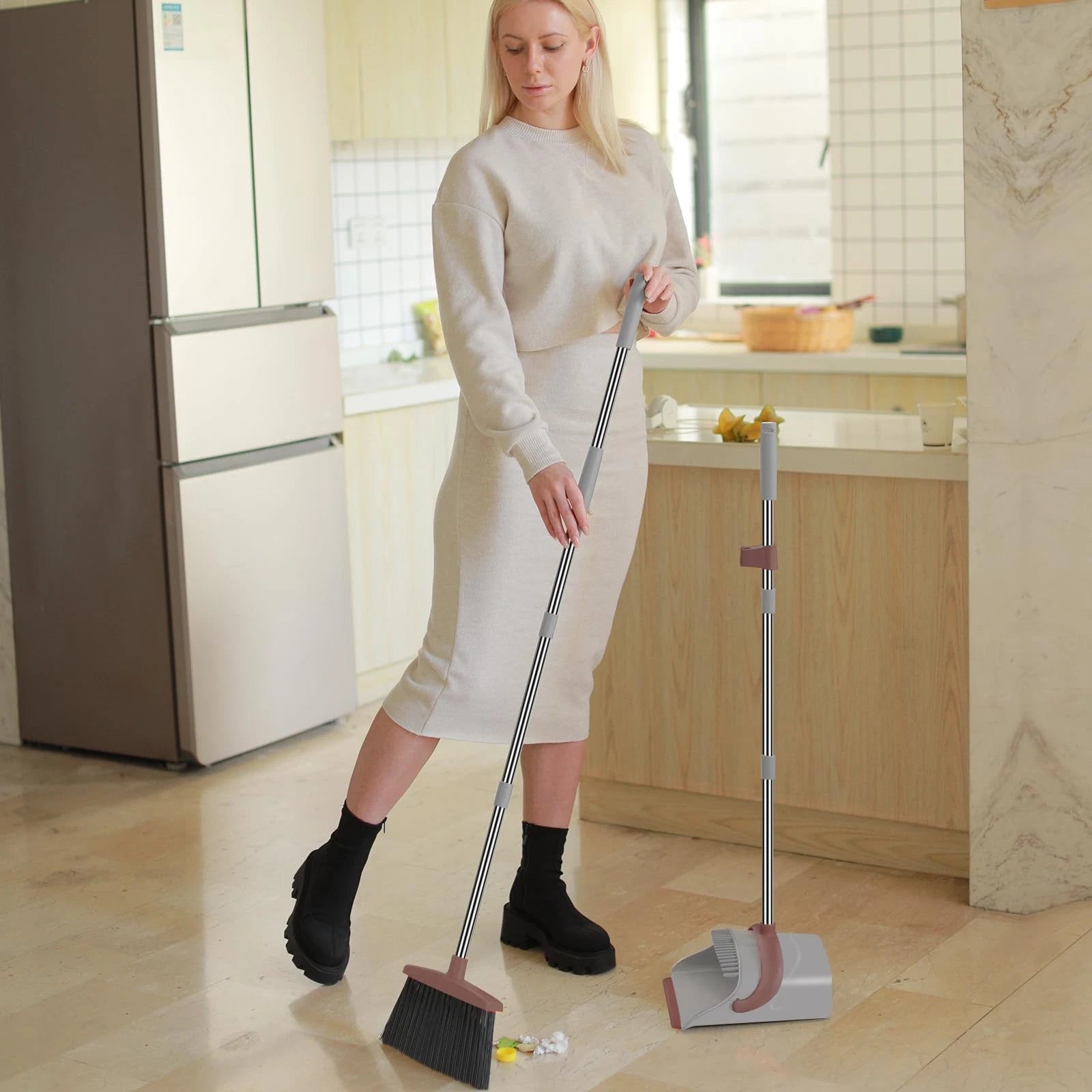 Broom with Dustpan Combo Set, 50.6 inch Long Handle, Upright Standing Broom a...