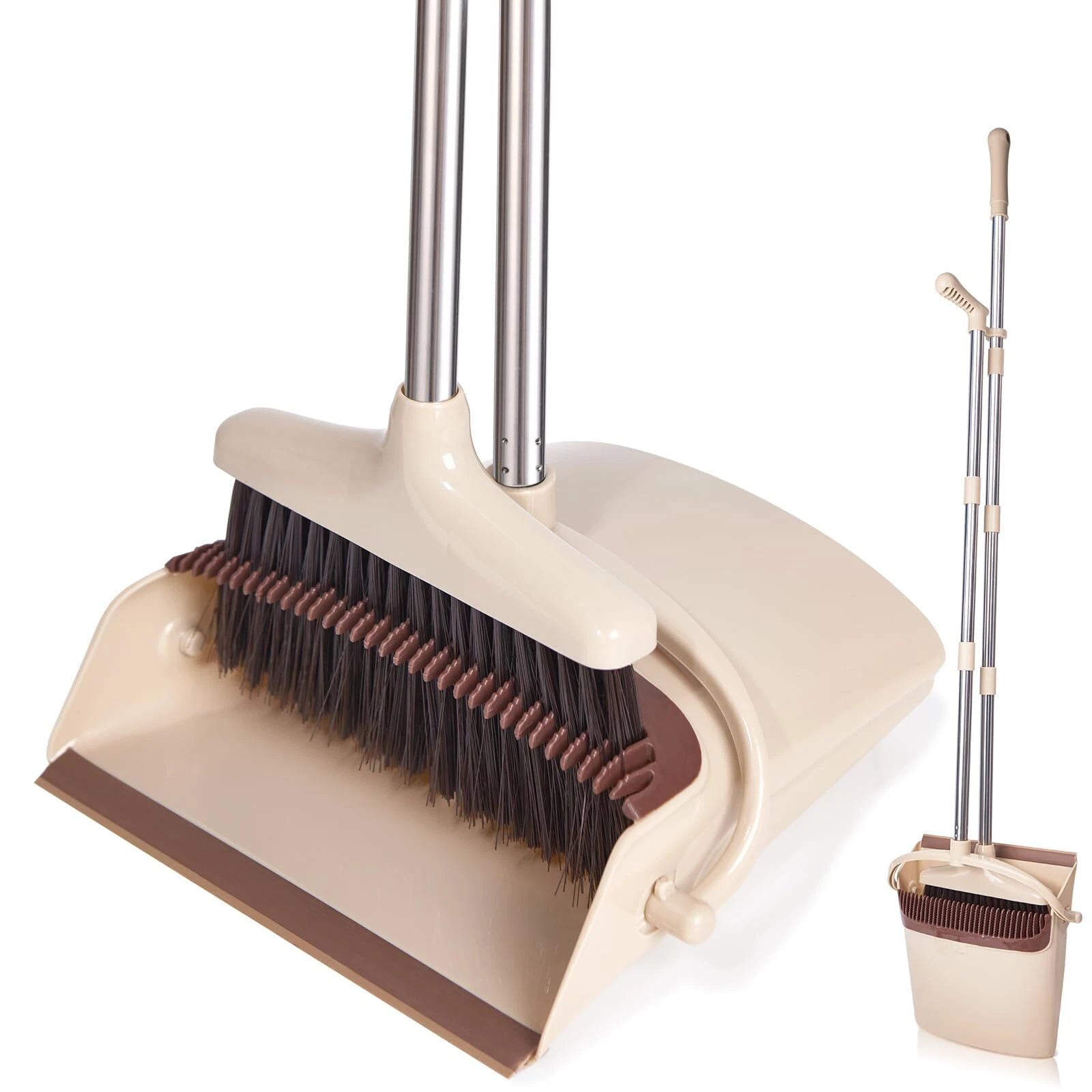 Broom and Dustpan Set with Long Handle Light Weight Stainless Steel Poles Sta...