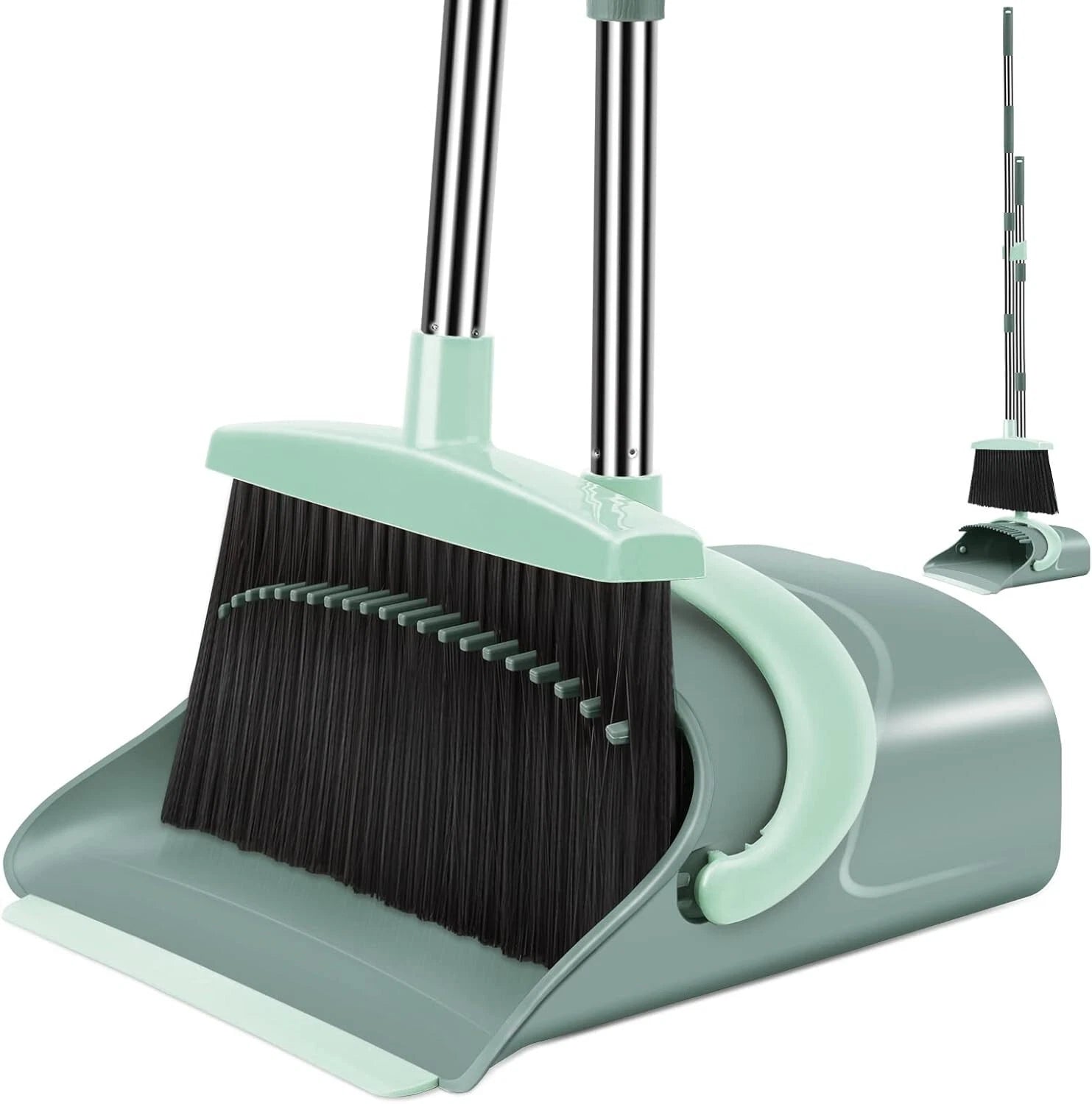 Stylish Gray & Green Broom and Dustpan Set - Efficient Home Cleaning Solution
