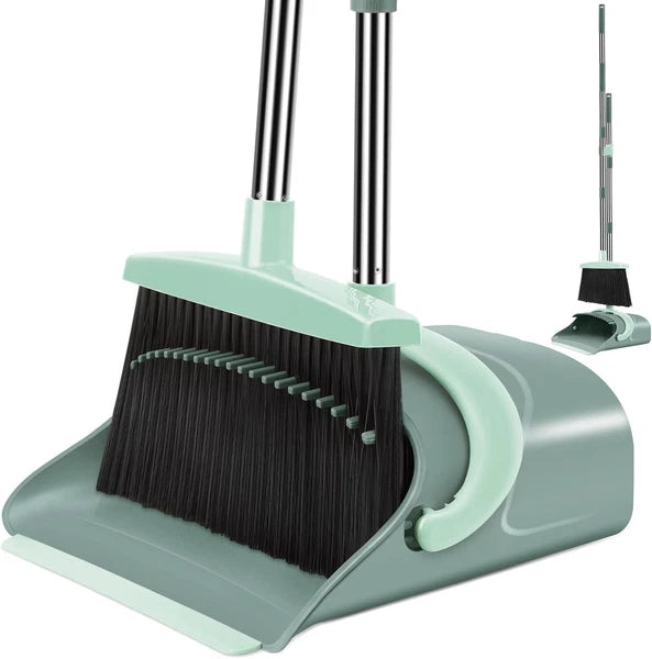 Stylish Gray & Green Broom and Dustpan Set - Efficient Home Cleaning Solution