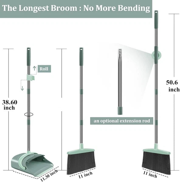 Stylish Gray & Green Broom and Dustpan Set - Efficient Home Cleaning Solution