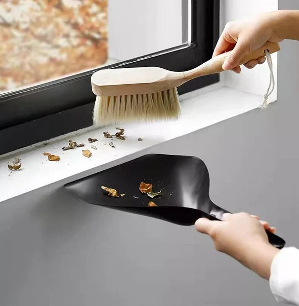 Beech Wood Mini Brush & Metal Shovel, Small Steel Dustpan and Wood Brush Set