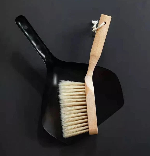 Beech Wood Mini Brush & Metal Shovel, Small Steel Dustpan and Wood Brush Set