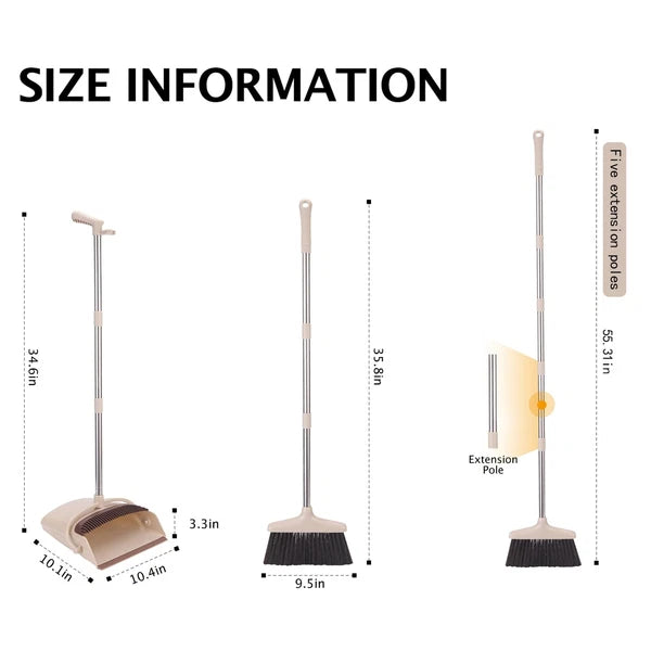 Broom and Dustpan Set with Long Handle Light Weight Stainless Steel Poles Sta...