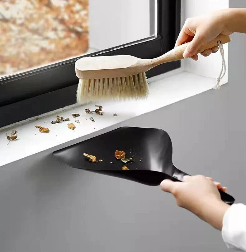 Beech Wood Mini Brush & Metal Shovel, Small Steel Dustpan and Wood Brush Set