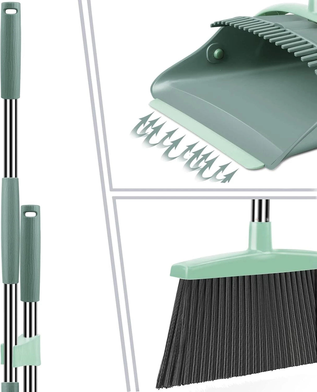 Stylish Jade Green Broom and Dustpan Set with Extended Teeth for Easy Cleanup