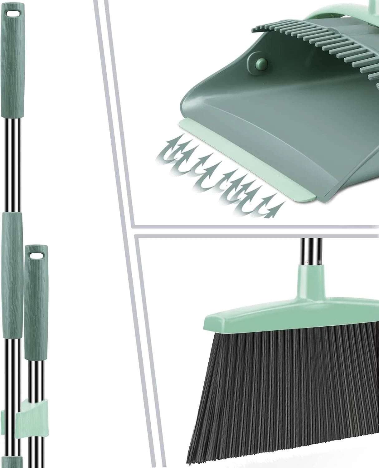 Stylish Jade Green Broom and Dustpan Set with Extended Teeth for Easy Cleanup