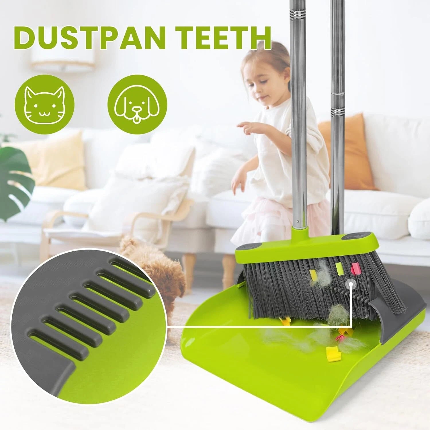 Broom and Standing Dustpan Set 50” Angle Broom with Long Handle Dust Pans for Ki