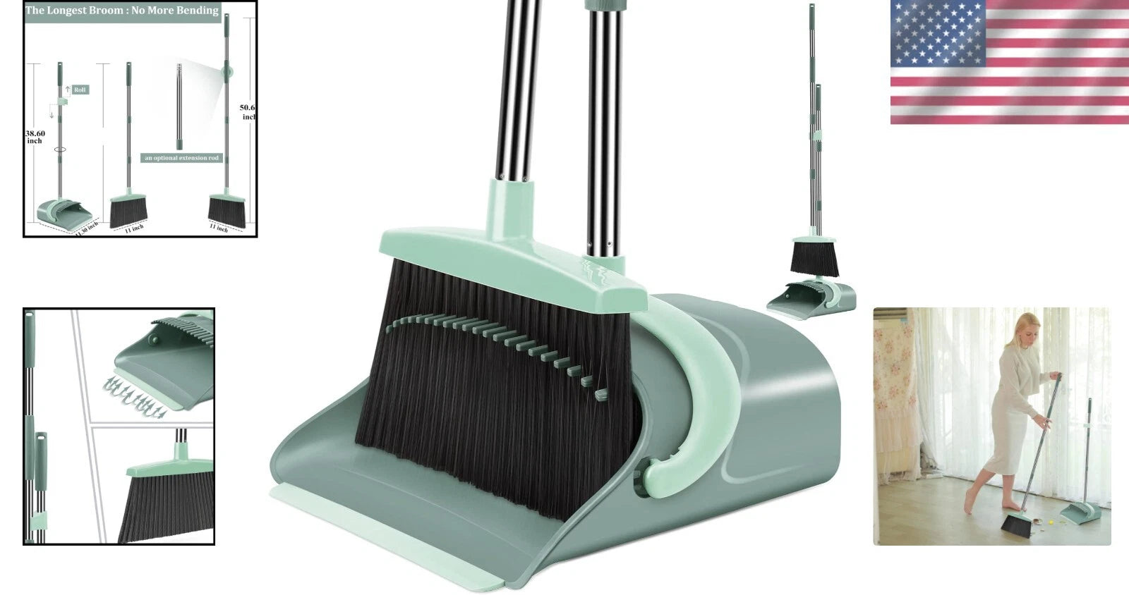 Stylish Gray & Green Broom and Dustpan Set - Efficient Home Cleaning Solution