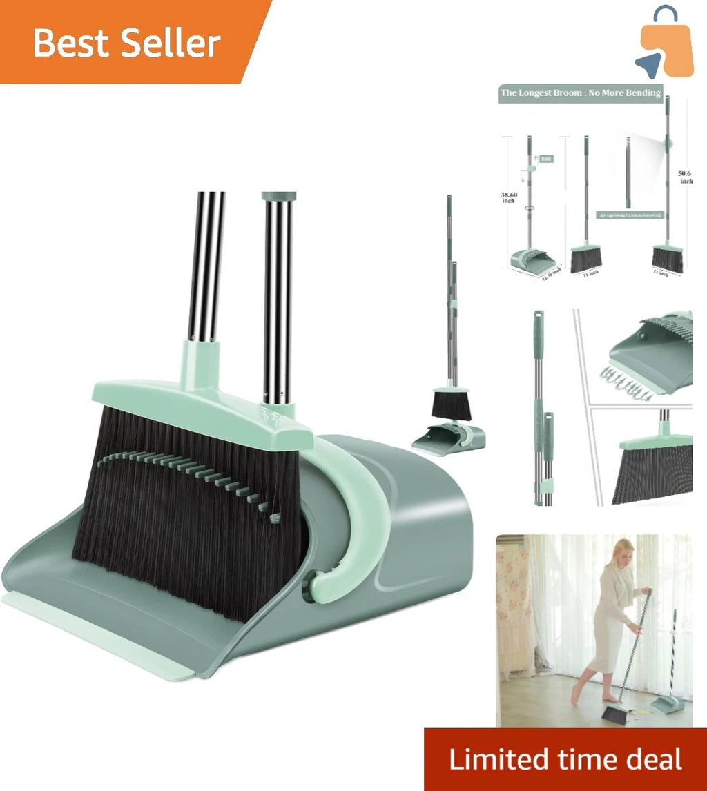 Stylish Jade Green Broom and Dustpan Set with Extended Teeth for Easy Cleanup