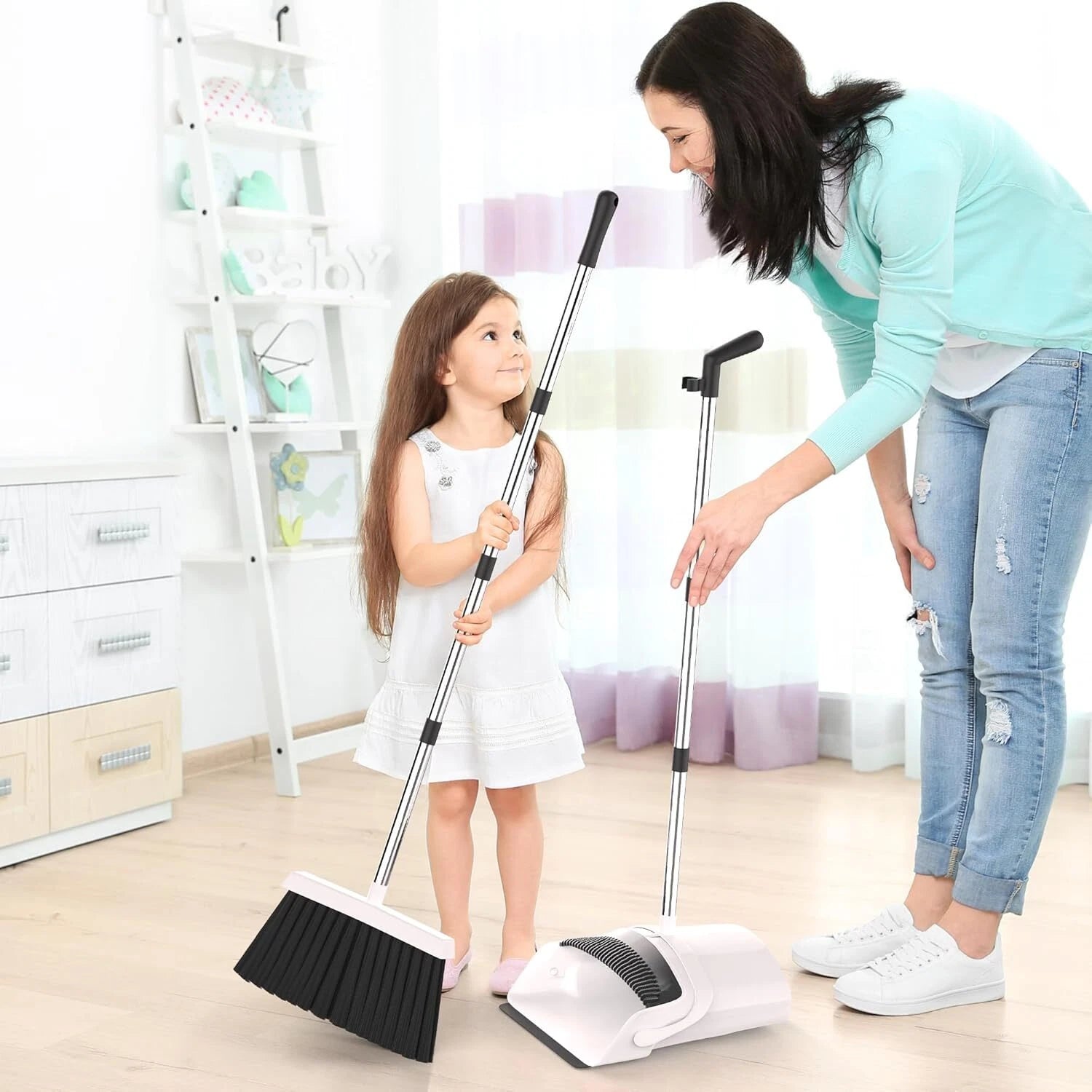 Broom and Dustpan Set - Adjustable Handle Upright Standing Lightweight