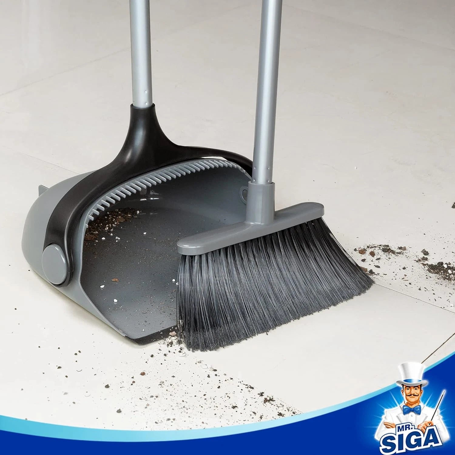 Adjustable Broom and Dustpan Set for Easy Floor Cleaning - Gray