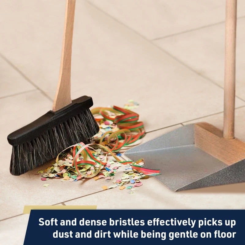 Standing Broom Dustpan Set W/ Long Beechwood Handles Natural Horsehair Bristles