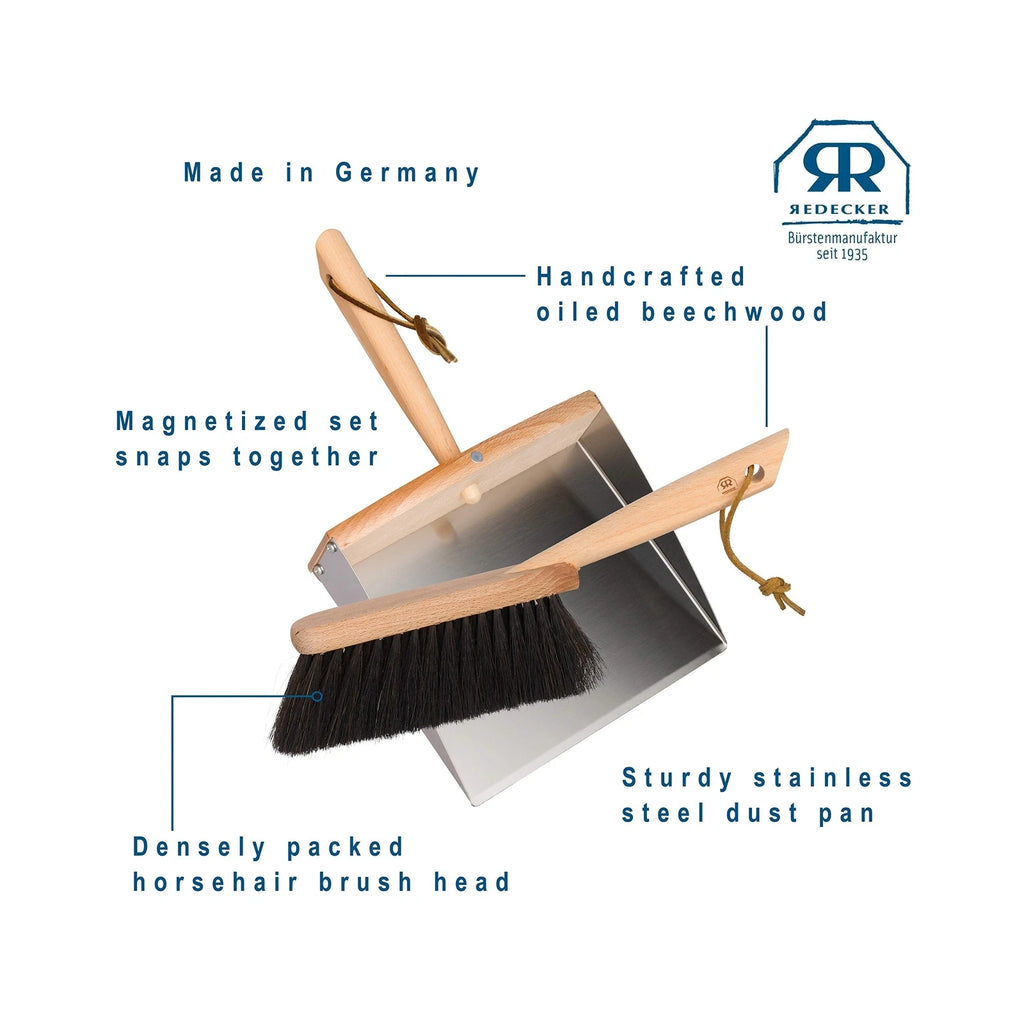 REDECKER Horsehair Fiber Hand Brush and Dust Pan Set, Heavy Duty Broom and Du...