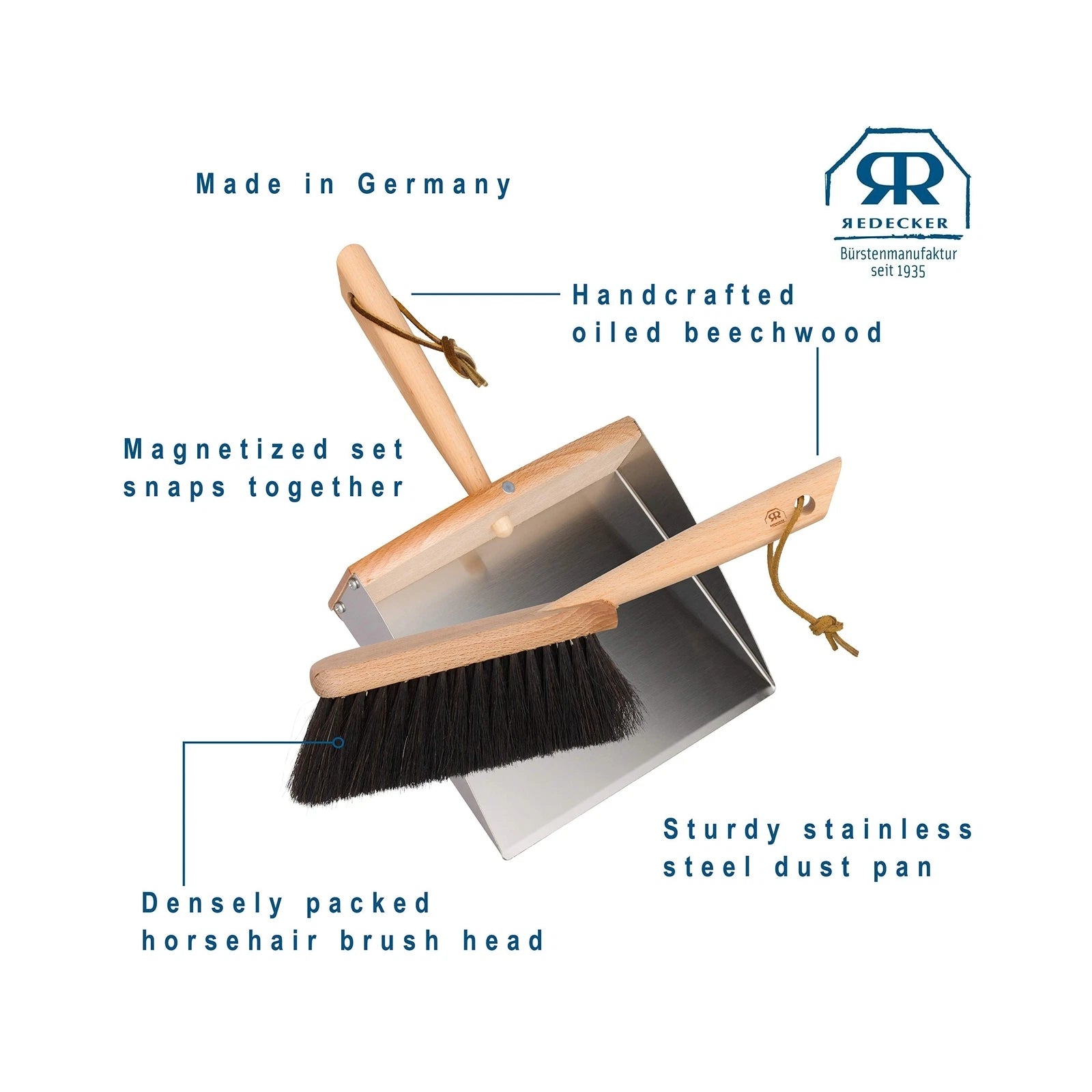 REDECKER Horsehair Fiber Hand Brush and Dust Pan Set, Heavy Duty Broom and Du...