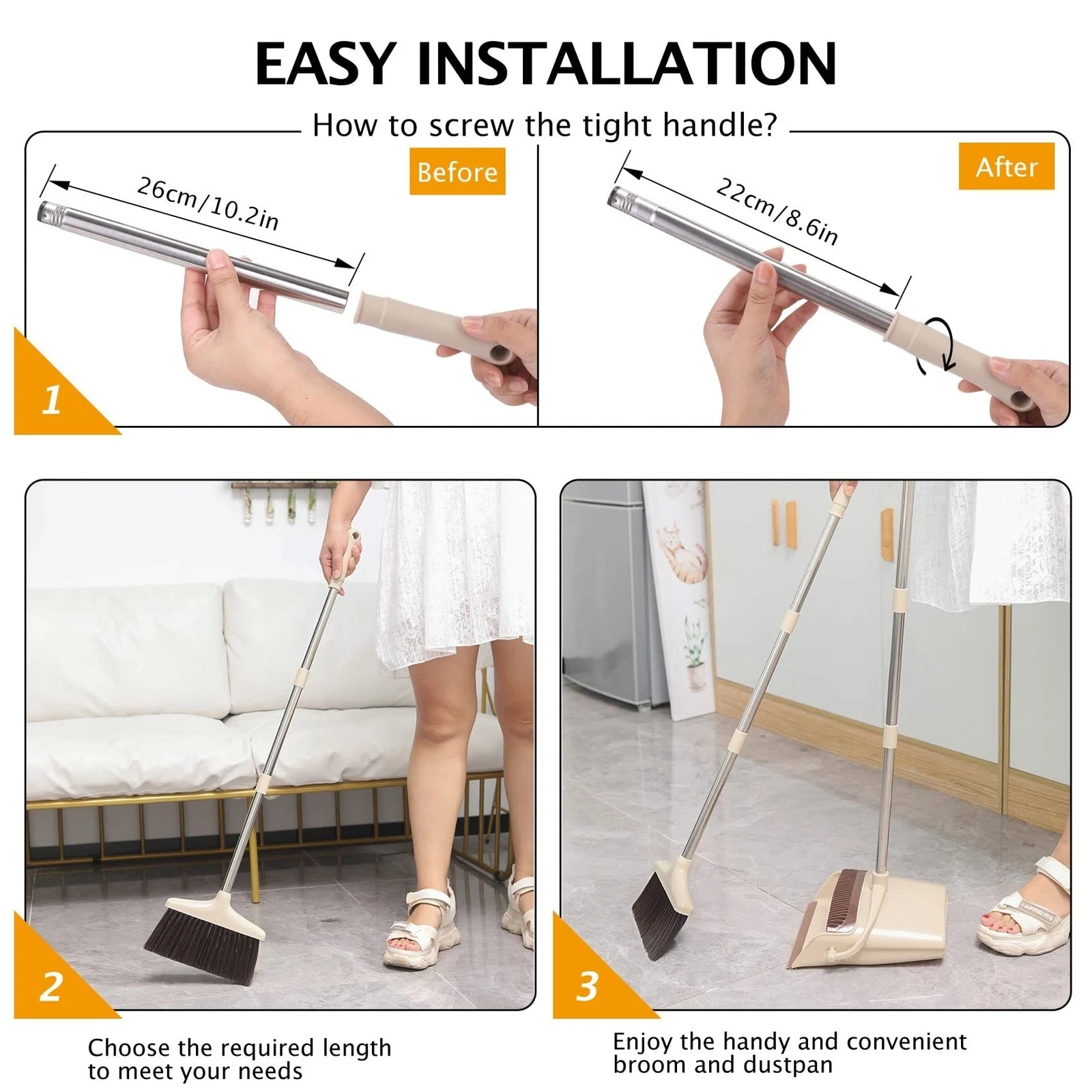 Broom and Dustpan Set with Long Handle Light Weight Stainless Steel Poles Sta...