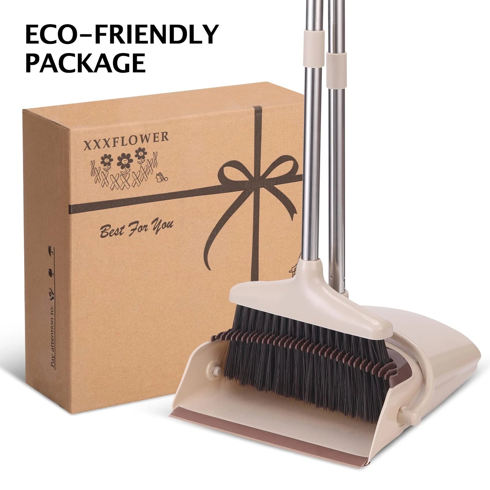 Broom and Dustpan Set with Long Handle Light Weight Stainless Steel Poles Sta...
