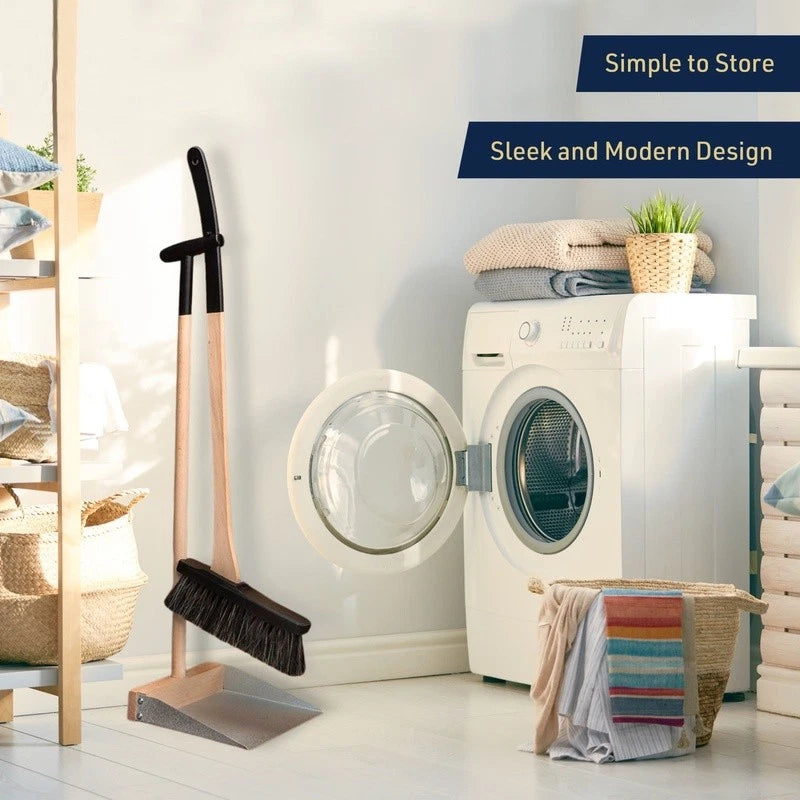 Standing Broom Dustpan Set W/ Long Beechwood Handles Natural Horsehair Bristles