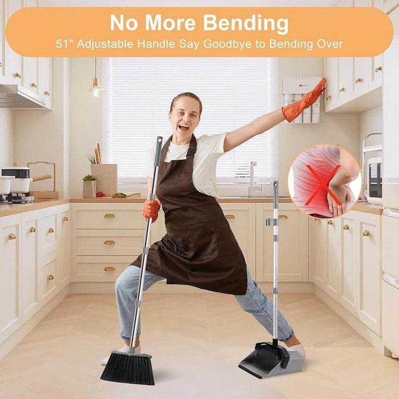 Adjustable Long Handle Broom Dustpan Set Ergonomic Easy Clean Pet Hair New
