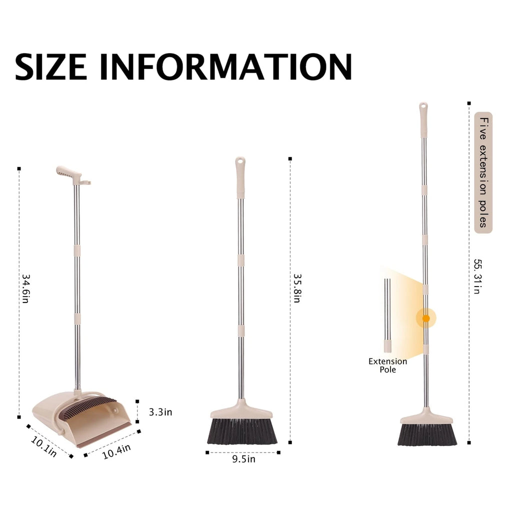 Broom and Dustpan Set with Long Handle Light Weight Stainless Steel Poles Sta...