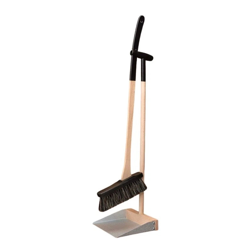 Standing Broom Dustpan Set W/ Long Beechwood Handles Natural Horsehair Bristles