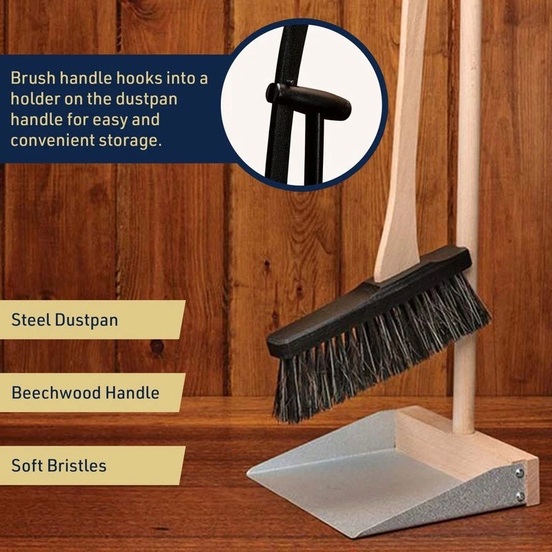 Standing Broom Dustpan Set W/ Long Beechwood Handles Natural Horsehair Bristles