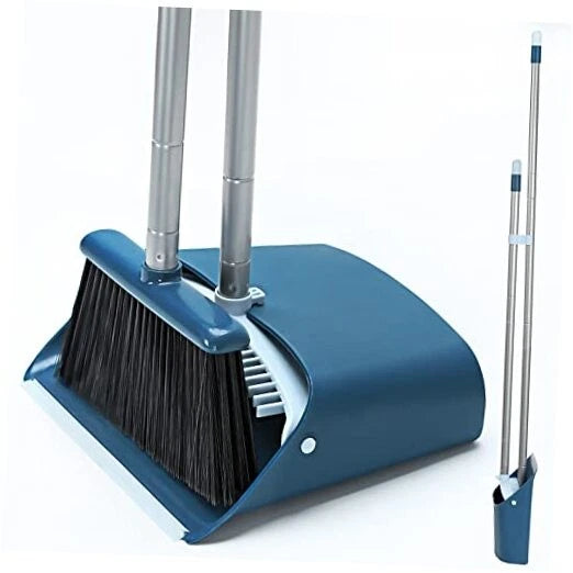 Standing Dustpan and Broom Set with 52" Long Extendable Handle for Navy Blue