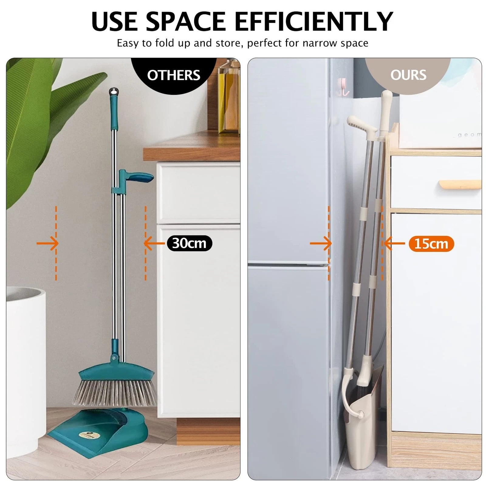 Broom and Dustpan Set with Long Handle Light Weight Stainless Steel Poles Sta...