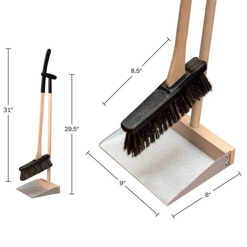Standing Broom Dustpan Set W/ Long Beechwood Handles Natural Horsehair Bristles