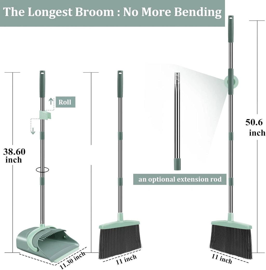 Stylish Gray & Green Broom and Dustpan Set - Efficient Home Cleaning Solution