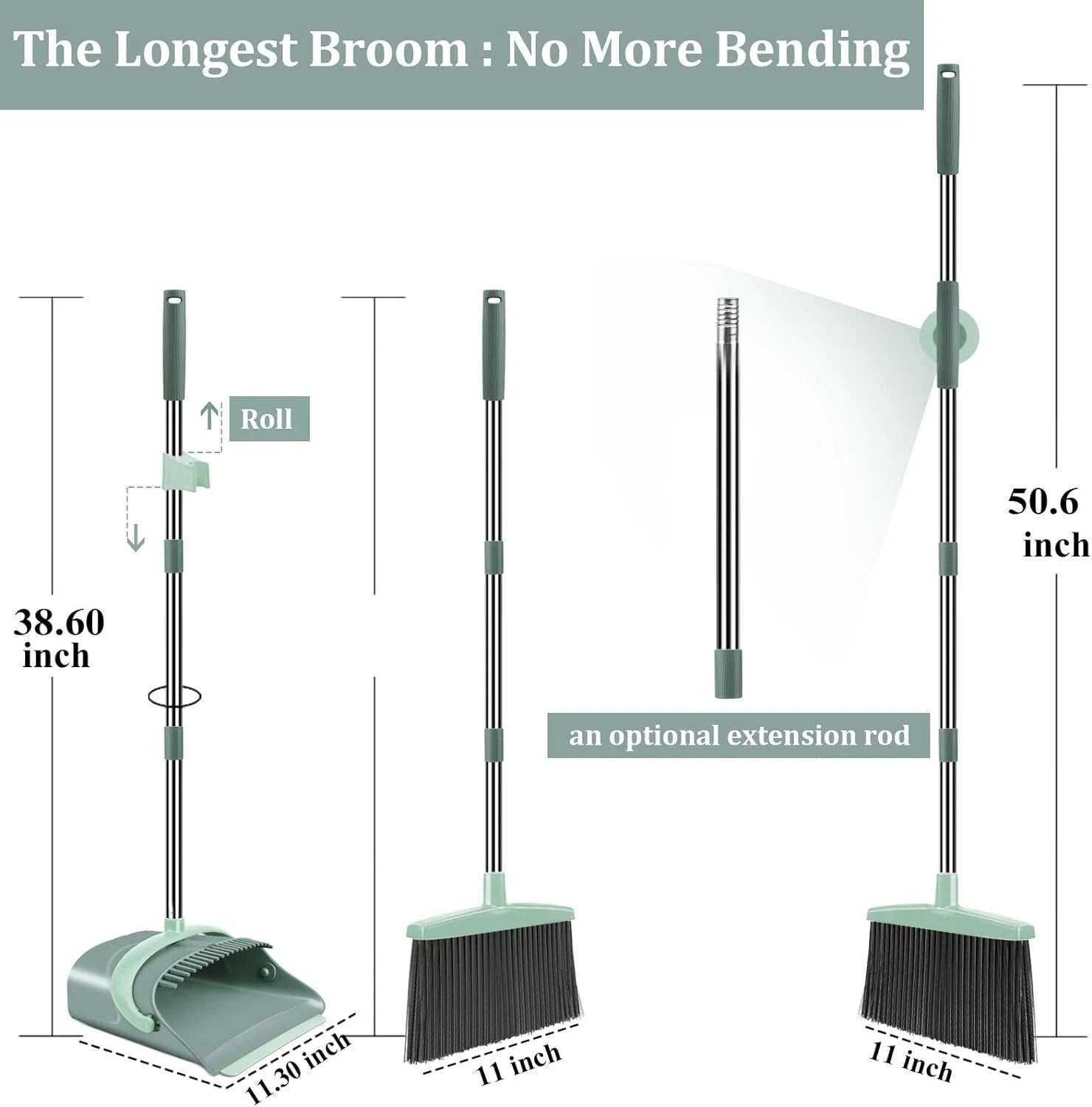 Stylish Jade Green Broom and Dustpan Set with Extended Teeth for Easy Cleanup