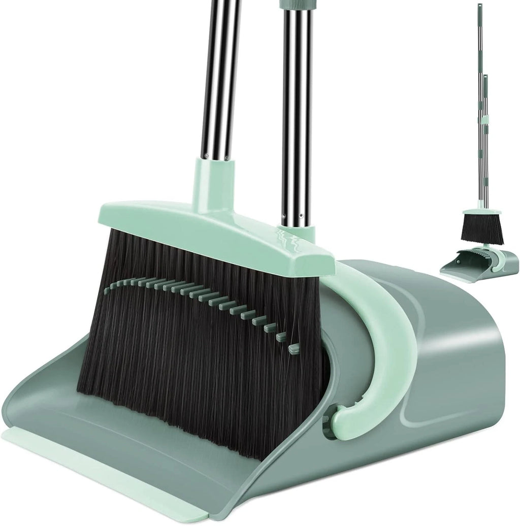 Stylish Gray & Green Broom and Dustpan Set - Efficient Home Cleaning Solution