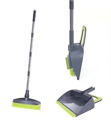 Adjustable Rubber Push Broom and Dustpan Set,Self Cleaning Indoor Outdoor Ang...
