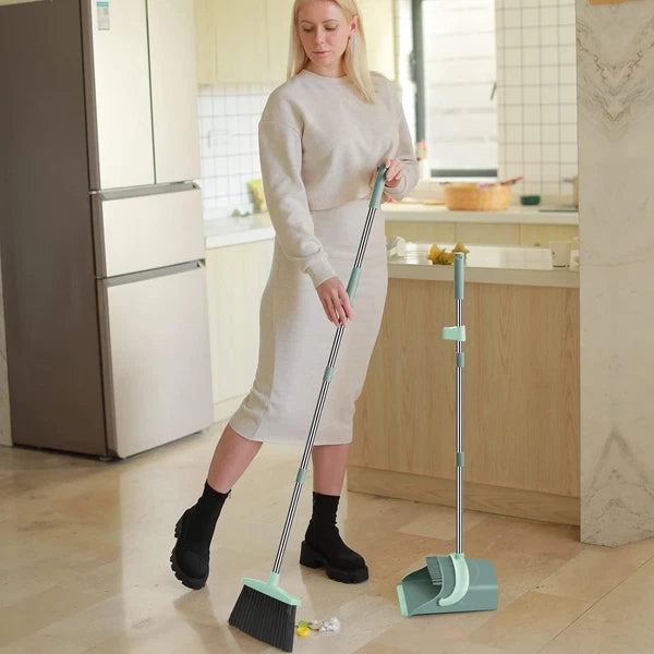 Stylish Jade Green Broom and Dustpan Set with Extended Teeth for Easy Cleanup