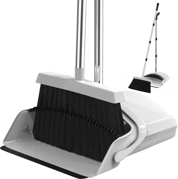 Broom and Dustpan Set - Adjustable Handle, Upright Standing, White, Black