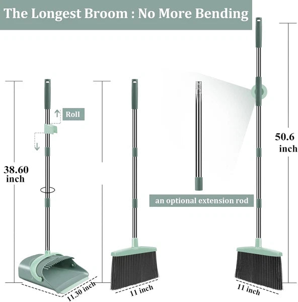 Stylish Jade Green Broom and Dustpan Set with Extended Teeth for Easy Cleanup