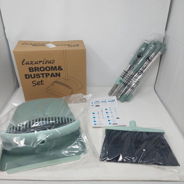Sage Green Broom And Dustpan Set Foldable Extendable Floor Cleaning Tools