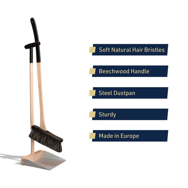 Standing Broom Dustpan Set W/ Long Beechwood Handles Natural Horsehair Bristles