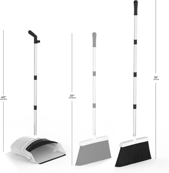 Broom and Dustpan Set - Adjustable Handle, Upright Standing, White, Black