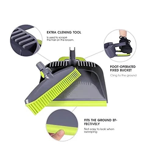 Adjustable Rubber Push Broom and Dustpan Set,Self Cleaning Indoor Outdoor Ang...