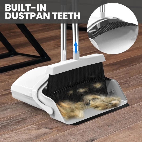 Broom and Dustpan Set - Adjustable Handle, Upright Standing, White, Black