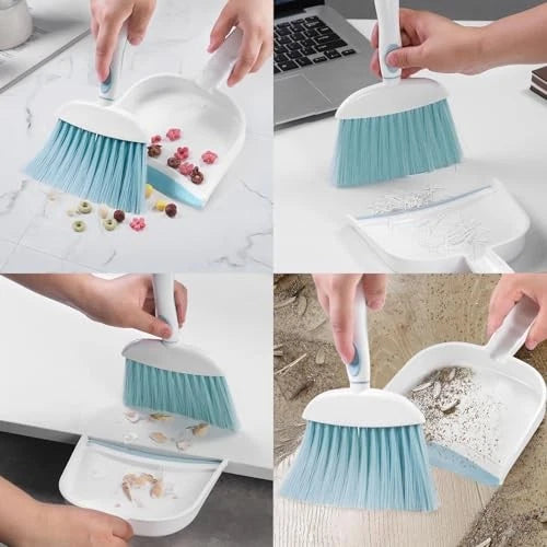 Small Dust Pan and Brush Set, Mini Broom and Dustpan Set Small Hand Broom Blue