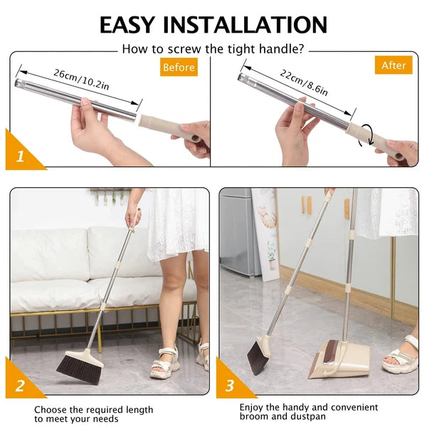 Broom and Dustpan Set with Long Handle Light Weight Stainless Steel Poles Sta...