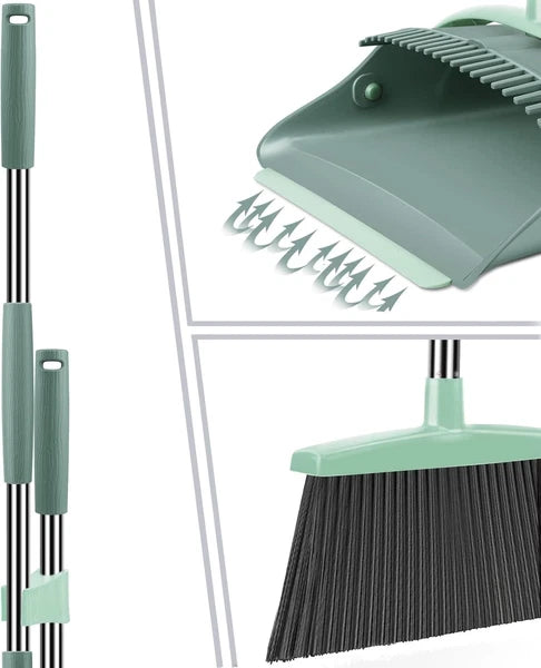 Stylish Gray & Green Broom and Dustpan Set - Efficient Home Cleaning Solution