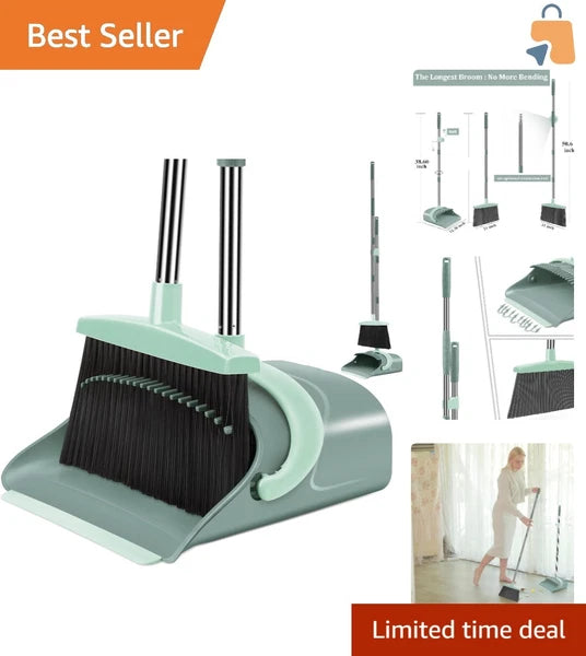 Stylish Jade Green Broom and Dustpan Set with Extended Teeth for Easy Cleanup