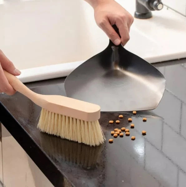 Beech Wood Mini Brush & Metal Shovel, Small Steel Dustpan and Wood Brush Set