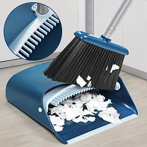 Standing Dustpan and Broom Set with 52" Long Extendable Handle for Navy Blue