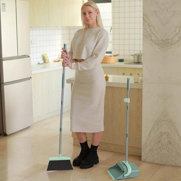 Stylish Gray & Green Broom and Dustpan Set - Efficient Home Cleaning Solution